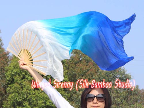 White-turquoise-blue 1.1m kids' belly dance silk fan veil - Click Image to Close