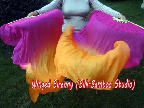 Pink-orange 1.1m kids' belly dance silk fan veil - Click Image to Close