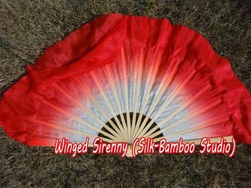 White-red Chinese silk short flutter dance fan - Click Image to Close