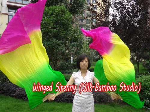 1.5m green-yellow-pink belly dance silk fan veil - Click Image to Close