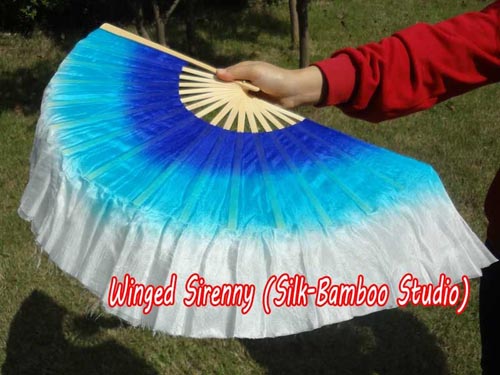 Blue-turquoise-white short Chinese silk dance fan flutter - Click Image to Close