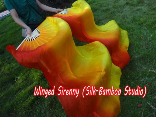 Long side 3G Fire belly dance silk fan veil - Click Image to Close