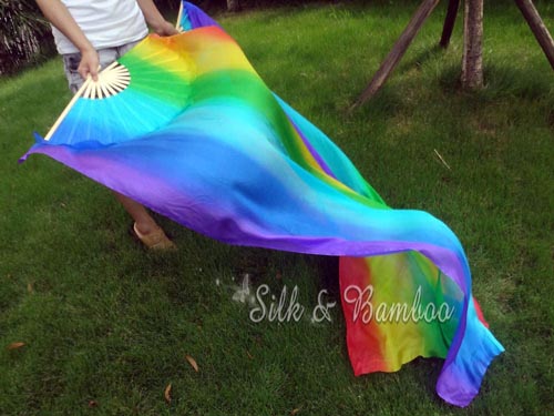 Long side Rainbow 3G belly dance silk fan veil - Click Image to Close