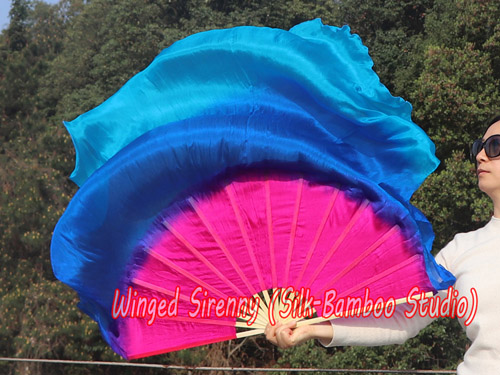 pink-blue-turquoise large silk flutter fan, 41" (105cm)