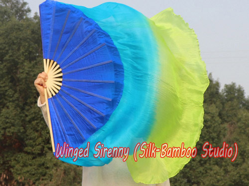 blue-peacock-yellow green large silk flutter fan, 41" (105cm)