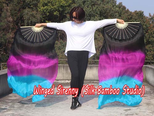 1.5m*0.9m black-purple-turquoise belly dance silk fan veil - Click Image to Close