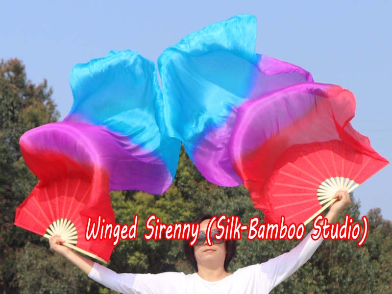 1.5m*0.9m red-purple-turquoise belly dance silk fan veil - Click Image to Close