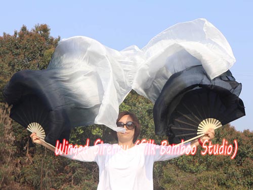 1.8m*0.9m black-white belly dance silk fan veil - Click Image to Close