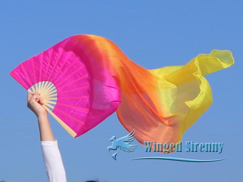 Pink-orange-yellow 1.1m kids' belly dance silk fan veil - Click Image to Close