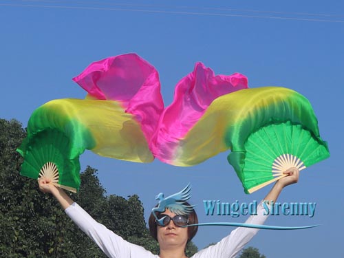 green-yellow-pink 1.1m kids' belly dance silk fan veil - Click Image to Close