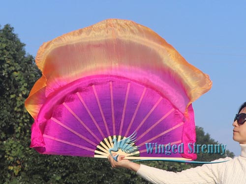 purple-pink-orange large silk flutter fan, 41" (105cm)