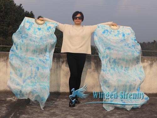 1.8m white+blue tie-dye belly dance silk fan veil