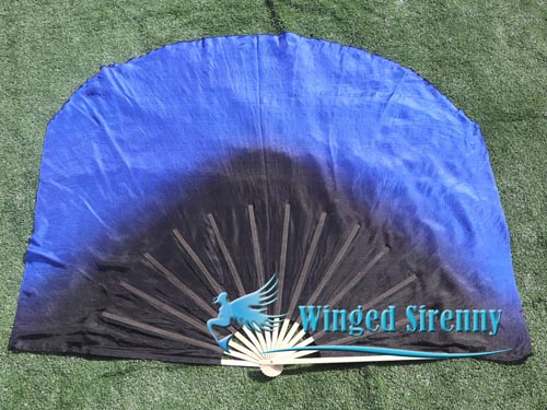 black-blue large silk flutter fan, 41" (105cm)