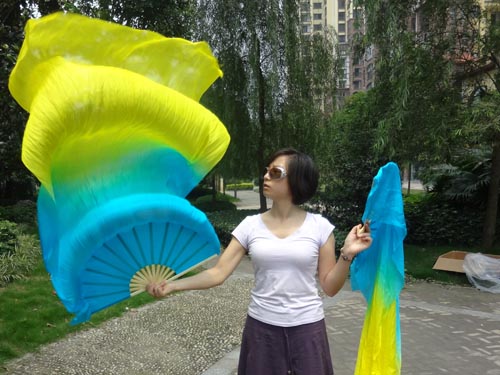1.5m turquoise-yellow belly dance silk fan veil