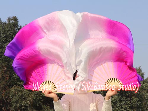 1.1m kids' dance silk fan veil, long side white-pink-purple
