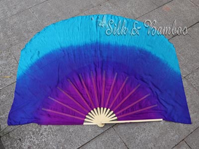 purple-blue-turquoise large silk flutter fan, 41" (105cm)