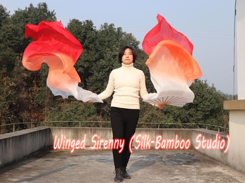 1.8m*0.9m white-red belly dance silk fan veil - Click Image to Close