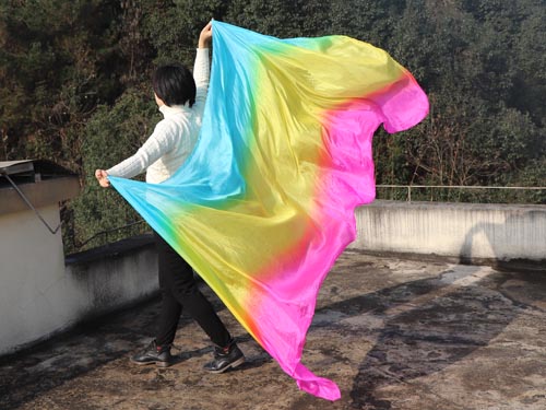 2.7m*1.1m turquoise-yellow-pink 5mm silk belly dance silk veil
