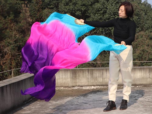 1.5m turquoise-pink-purple belly dance silk fan veil