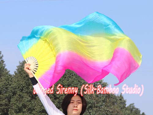 1.5m long stripes turquoise-yellow-pink dance silk fan veil - Click Image to Close