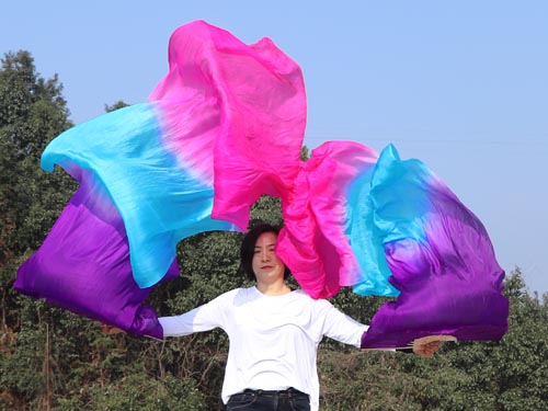 2.4m purple-turquoise-pink belly dance silk fan veil - Click Image to Close