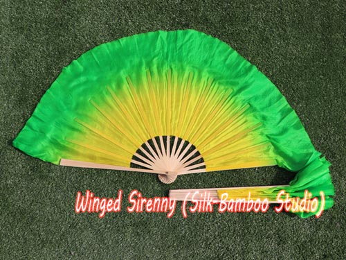 Yellow-green Chinese silk short flutter dance fan - Click Image to Close