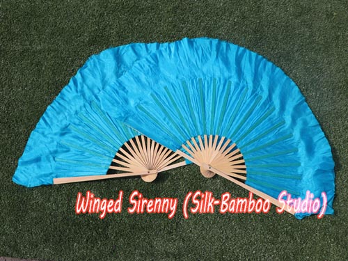 Turquoise Chinese silk short flutter dance fan - Click Image to Close