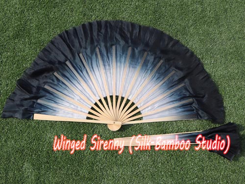 White-black Chinese silk short flutter dance fan - Click Image to Close