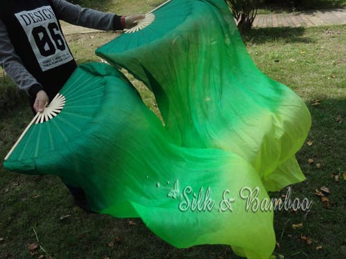 1.5m dark green-green-yellow green belly dance fan veil - Click Image to Close