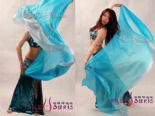 2.7m*1.1m turquoise fading 5mm belly dance silk veil - Click Image to Close