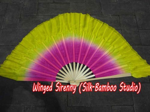 Pink-yellow Chinese silk short flutter dance fan - Click Image to Close