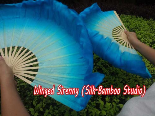 Light~dark turquoise Chinese silk short flutter dance fan