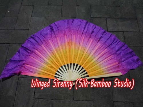 orange-pink-purple Chinese silk short flutter dance fan - Click Image to Close