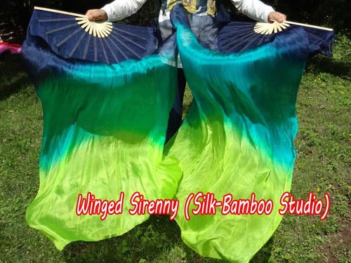 1.5m dark blue-peacock green-yellow green dance silk fan veil