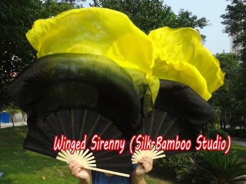 1.5m*0.9m black-yellow belly dance silk fan veil - Click Image to Close