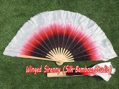 black-red-white Chinese silk short flutter dance fan - Click Image to Close