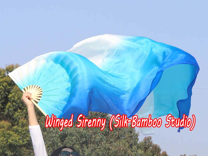 Long side white-turquoise-blue 3G belly dance silk fan veil - Click Image to Close