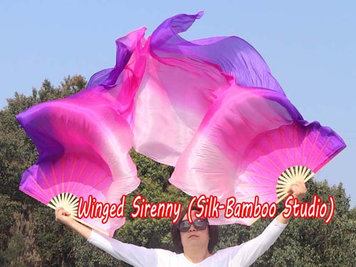 Long side white-pink-purple 3G belly dance silk fan veil - Click Image to Close