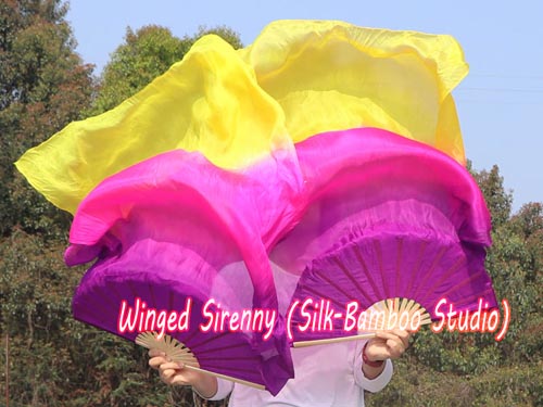 Purple-pink-yellow 1.1m kids' belly dance silk fan veil - Click Image to Close