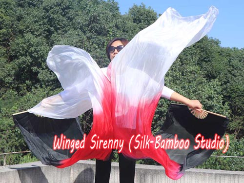 2.4m black-red-white belly dance silk fan veil