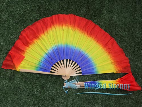 blue-yellow-red Chinese silk short flutter dance fan - Click Image to Close