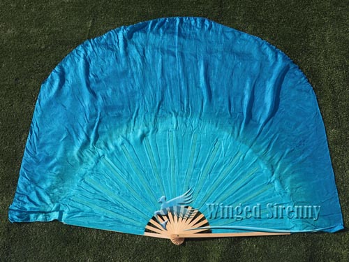 light turquoise-turquoise large silk flutter fan, 41" (105cm) - Click Image to Close