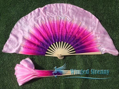 Purple-fuchsia-pink Chinese silk short flutter dance fan - Click Image to Close
