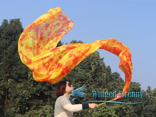 1pc 4m*0.9m red+yellow tie-dye 5mm silk dance throw streamer - Click Image to Close