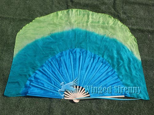 Turquoise-peacock-yellow green large silk flutter fan, 105cm - Click Image to Close