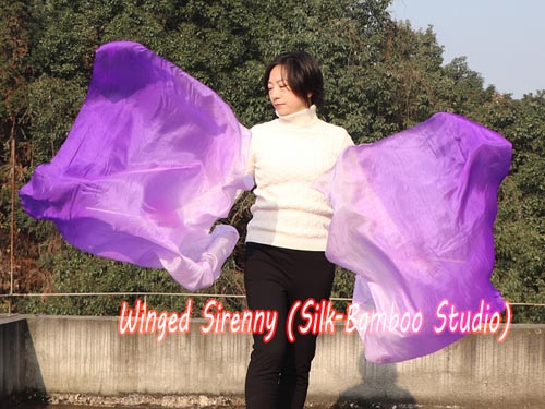 Long side purple fading 3G belly dance silk fan veil - Click Image to Close