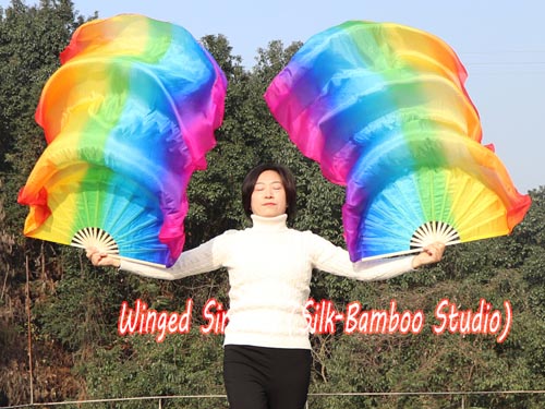 Long side Rainbow+ 3G belly dance silk fan veil - Click Image to Close