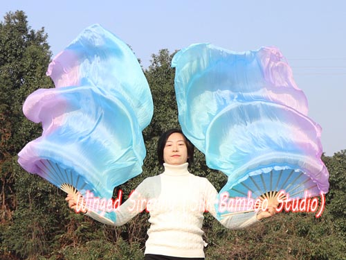 Long side pastel Mystery 3G belly dance silk fan veil - Click Image to Close