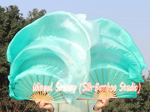 1.1m kids' dance silk fan veil, long side peacock green fading