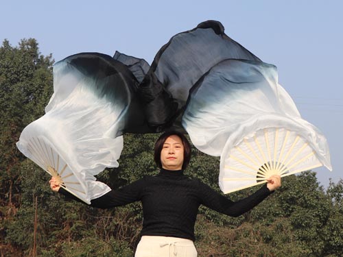 1.5m*0.9m white-black belly dance silk fan veil - Click Image to Close